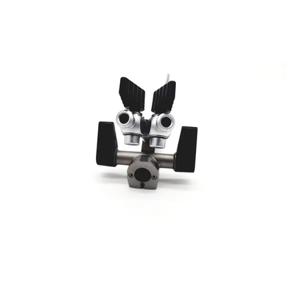 Black and silver metal camera tripod head with dual adjustment knobs for Olympus A2972 dual channel deflector use