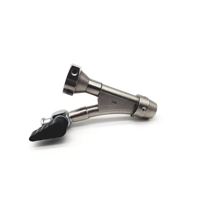 Silver metallic olympus a2976 single channel cystoscope bridge with black rubberized handle and engraved m86 marking