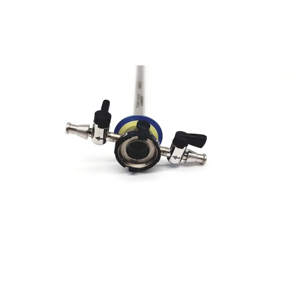 Silver-colored outer sheath with black handles and blue-yellow component for Olympus A42021A resectoscope urology use