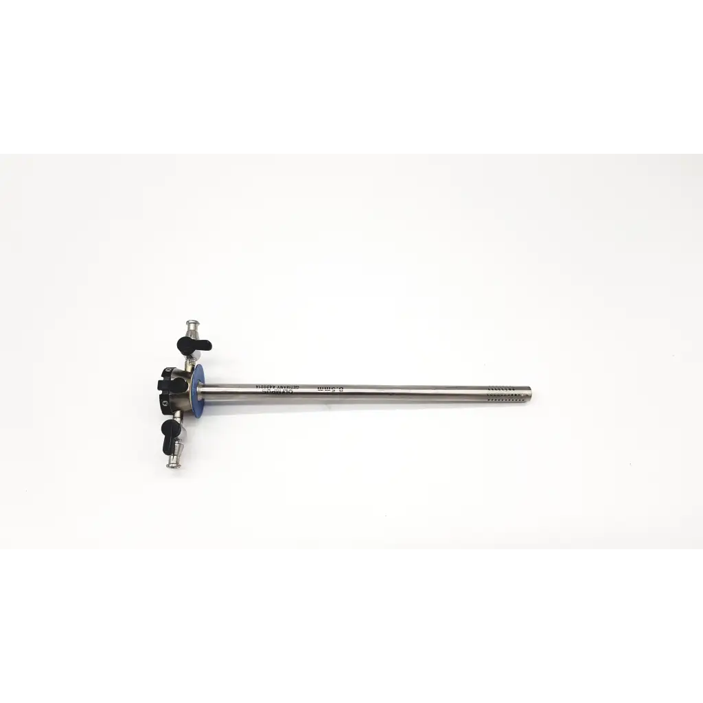 Silver surgical outer sheath with black knobs and blue circular component for Olympus A42021A resectoscope urology use