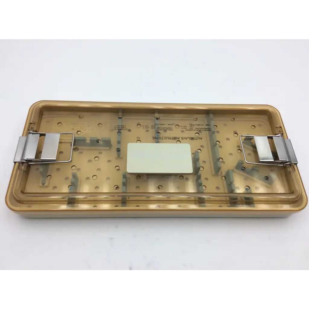 Gold-colored olympus autoclave instrument tray aci-42 with clear lid and metal clamps for secure sterilization storage