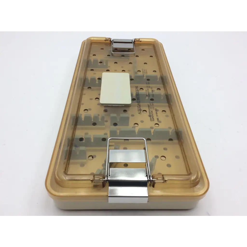 Transparent gold plastic olympus autoclave instrument tray with silver metal latch and white insert for sterilization use