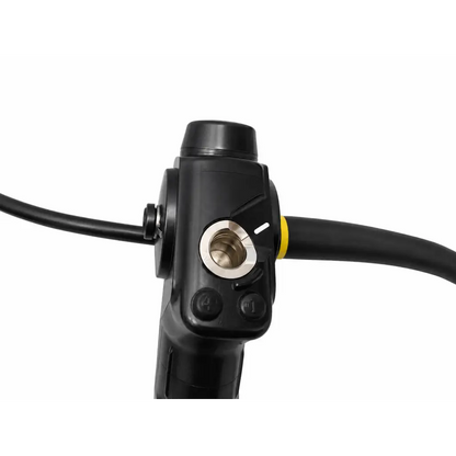 Black ergonomic handle of olympus evis exera ii video bronchoscope with metallic ports and yellow accent tubing medical equipment