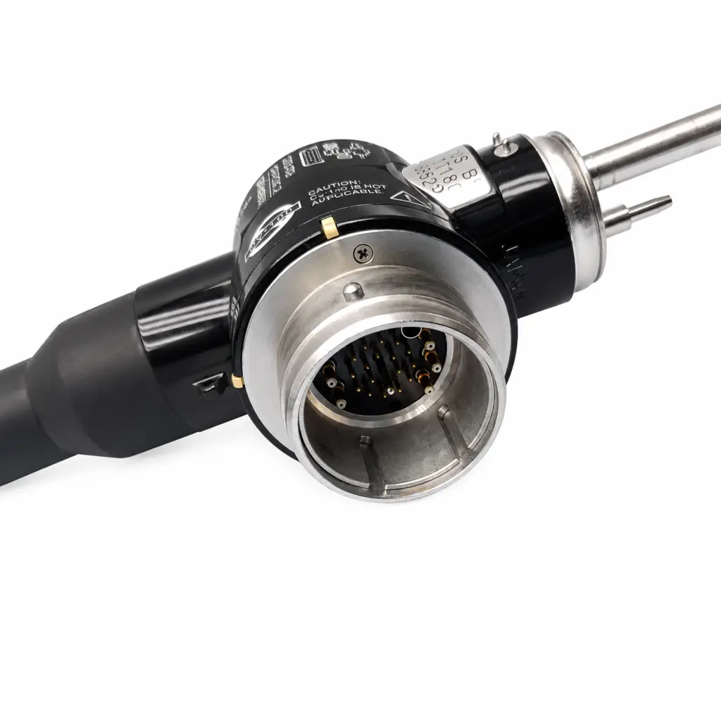 Black and silver industrial connector with circular housing and metallic contacts on the back of evis exera video bronchoscope medical equipment