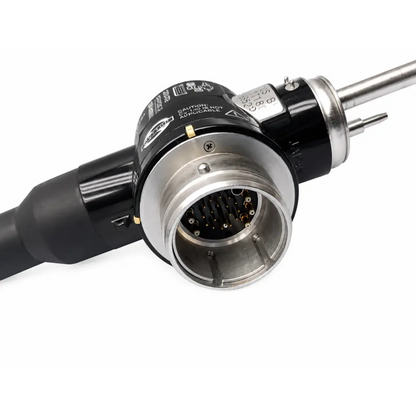 Black and silver industrial connector with circular housing and metallic contacts on the back of evis exera video bronchoscope medical equipment