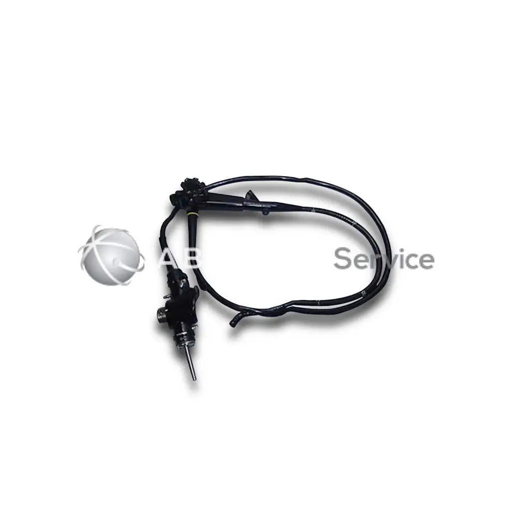 Black flexible Olympus CF-100S endoscope with slender articulated shaft and coiled tubing for medical use