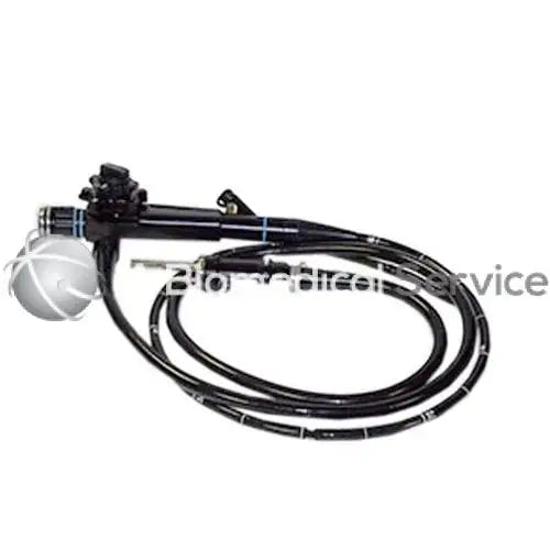 Black flexible endoscope olympus cf-lb3r with metallic spherical tip and blue accent markings along tubing