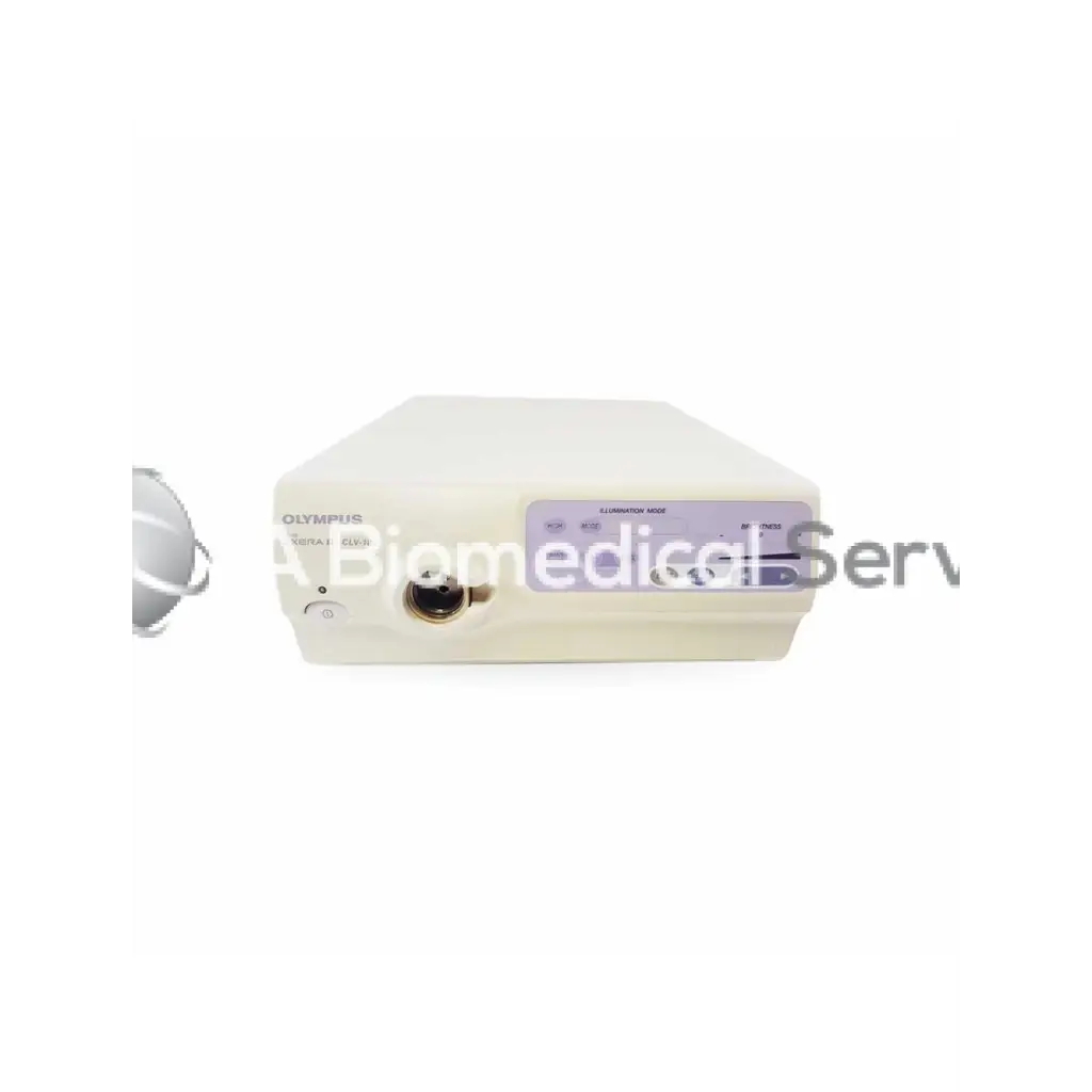 Cream-colored olympus sera 1 cxp surgical light unit with purple control panel and knobs for olympus clv light source biomedical service