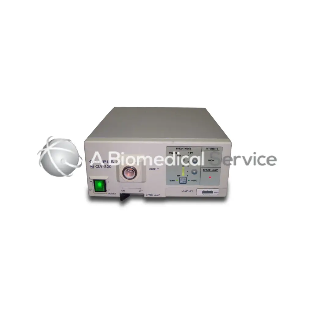 Gray rectangular olympus CLV-S20 300 watt xenon light source with green power indicator and control panel settings