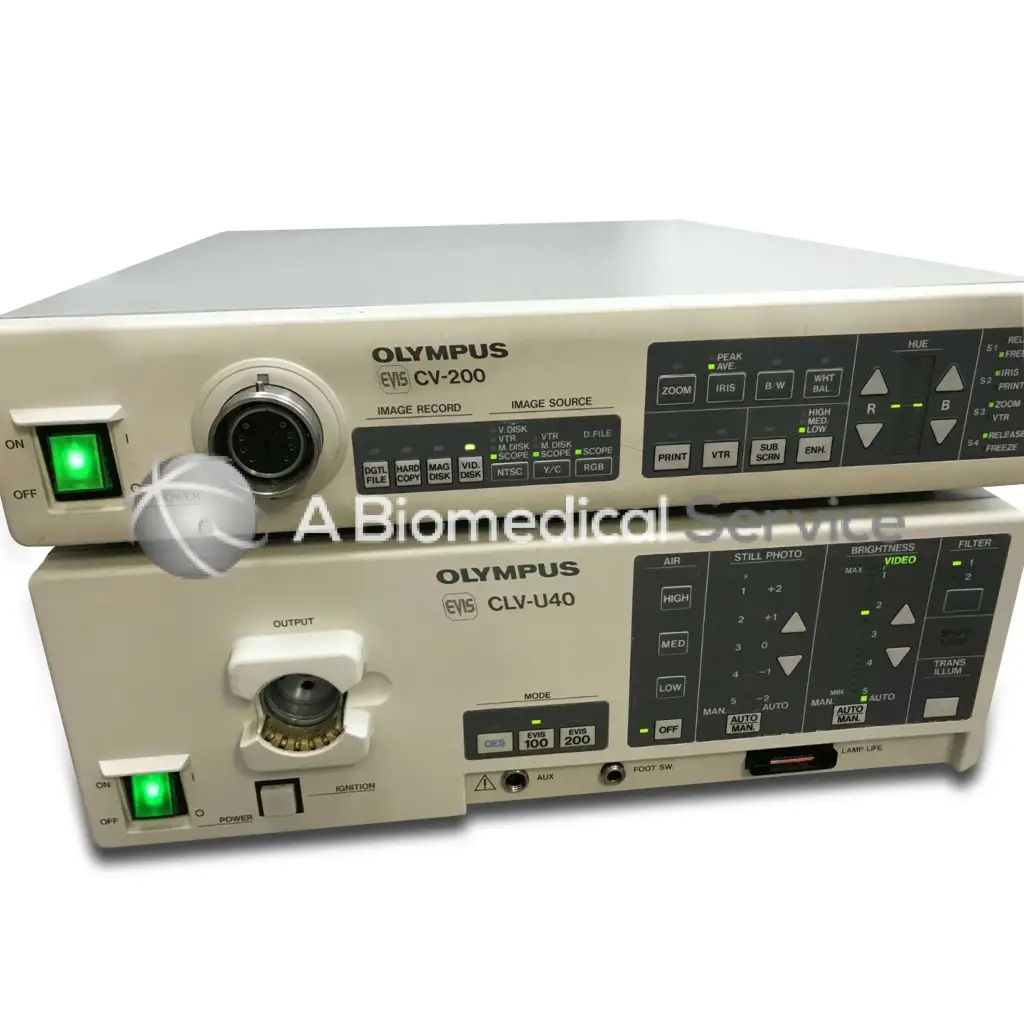 Beige olympus clv-u40u20 light source system with cv-200 surgical video system showing green power indicators for biomedical service