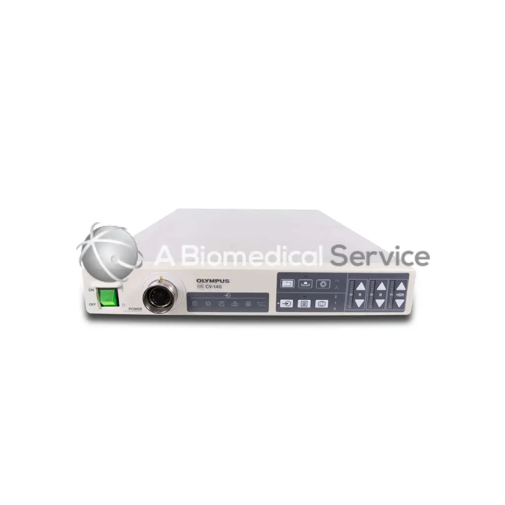 White olympus cv-140 surgical video processor with green power indicator and control buttons for biomedical service use