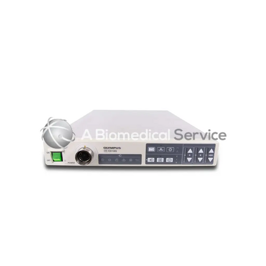 White olympus cv-140 surgical video processor with green power indicator and control buttons for biomedical service use