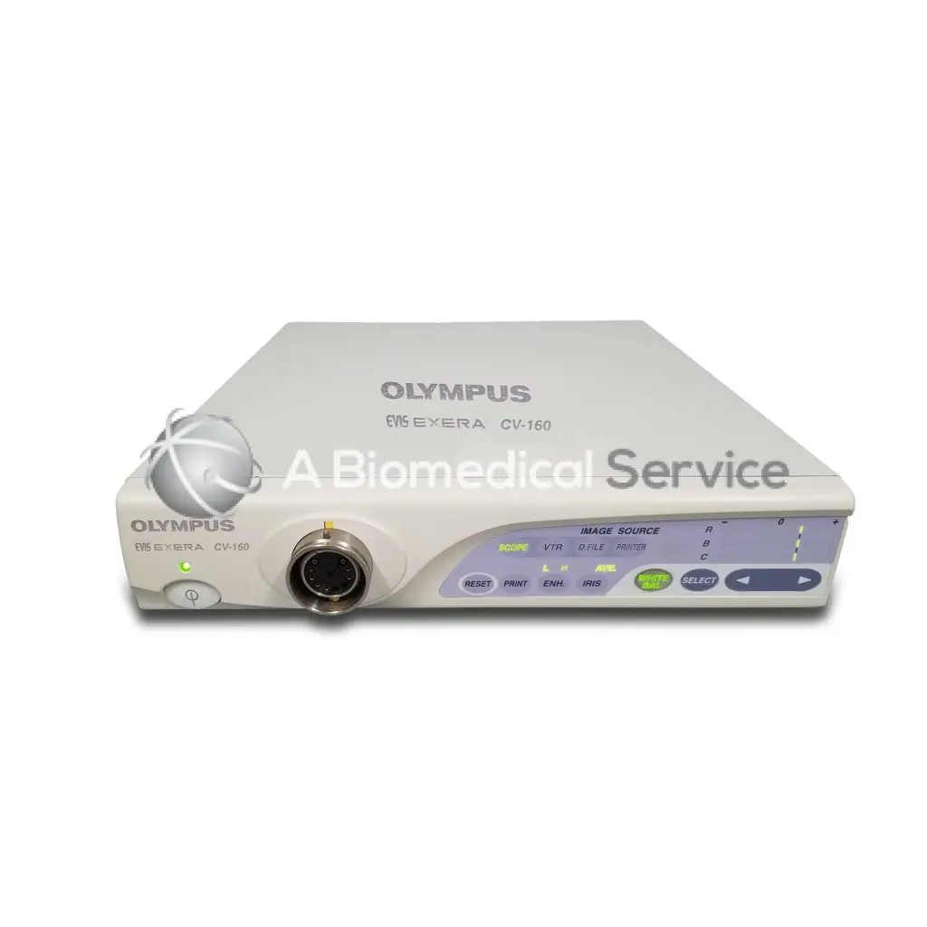 White Olympus evis exera CV-160 video processor showing silver circular connector and control buttons for biomedical service