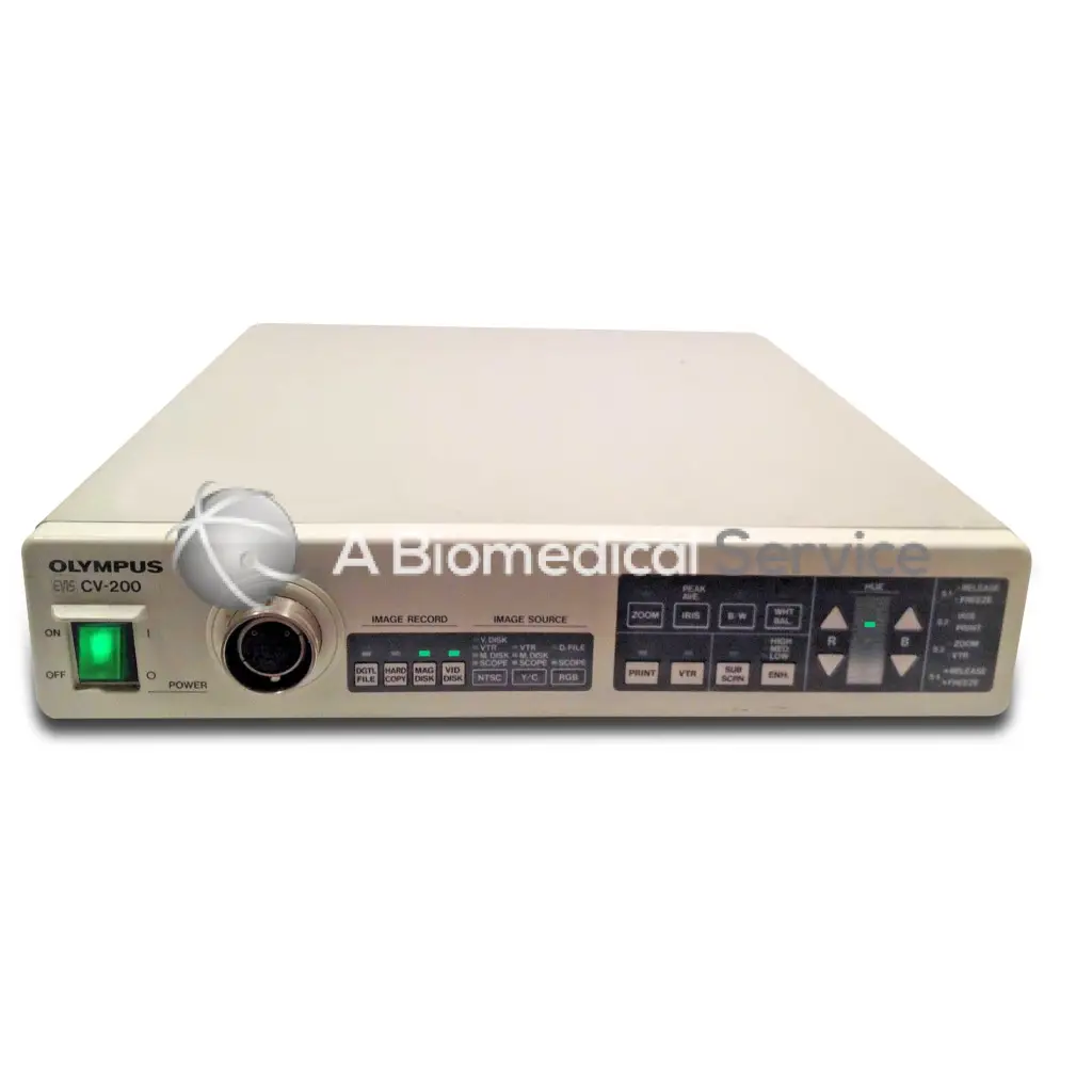 Beige olympus cv-200 video processor medical imaging console with green power indicator and control panel for biomedical service