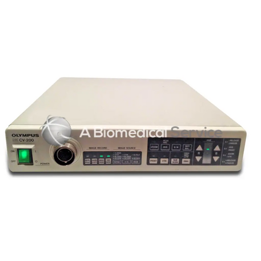 Beige olympus cv-200 video processor medical imaging console with green power indicator and control panel for biomedical service