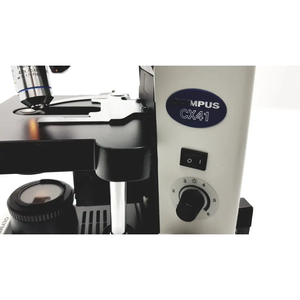 White olympus cx41rf microscope with black accents and blue oval logo designed for scientific use