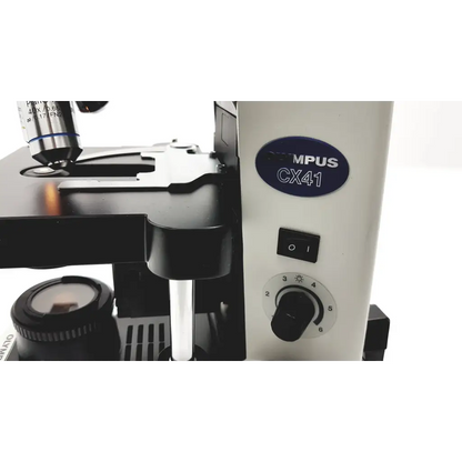 White olympus cx41rf microscope with black accents and blue oval logo designed for scientific use