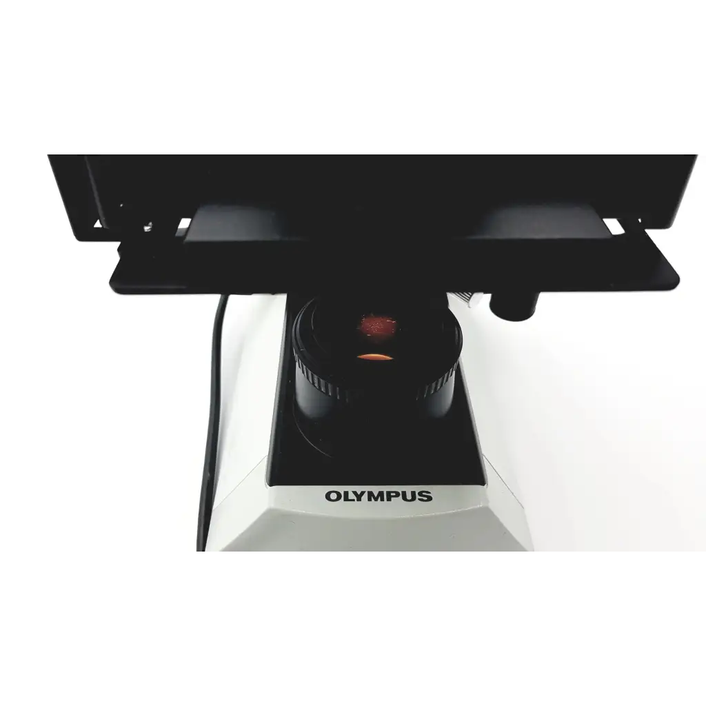 Black and white olympus cx41rf microscope with a red-lit objective lens for detailed laboratory analysis