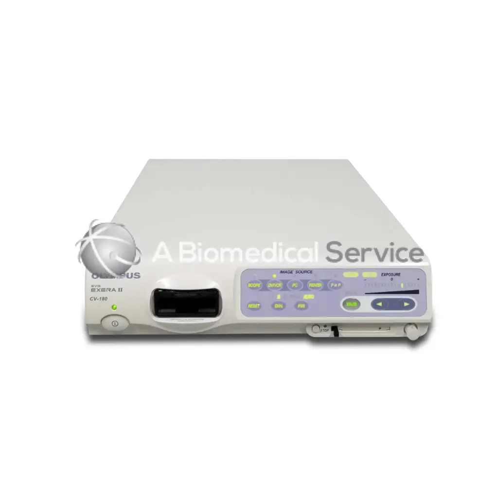 White Olympus Evis CV-180 surgical imaging console with lavender control panel and green indicator lights