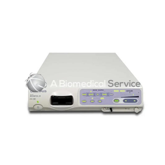 White Olympus Evis CV-180 surgical imaging console with lavender control panel and green indicator lights