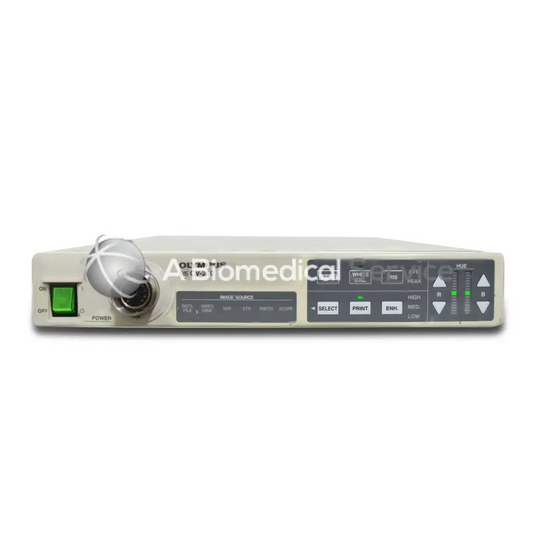 Beige olympus evis cv-240 video processor with green power button and control panel for biomedical service use