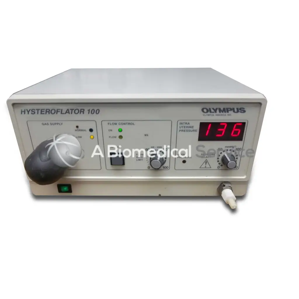 Olympus Hysteroflator 100 medical device with gray casing digital display 136 and control knobs for gas supply and flow regulation