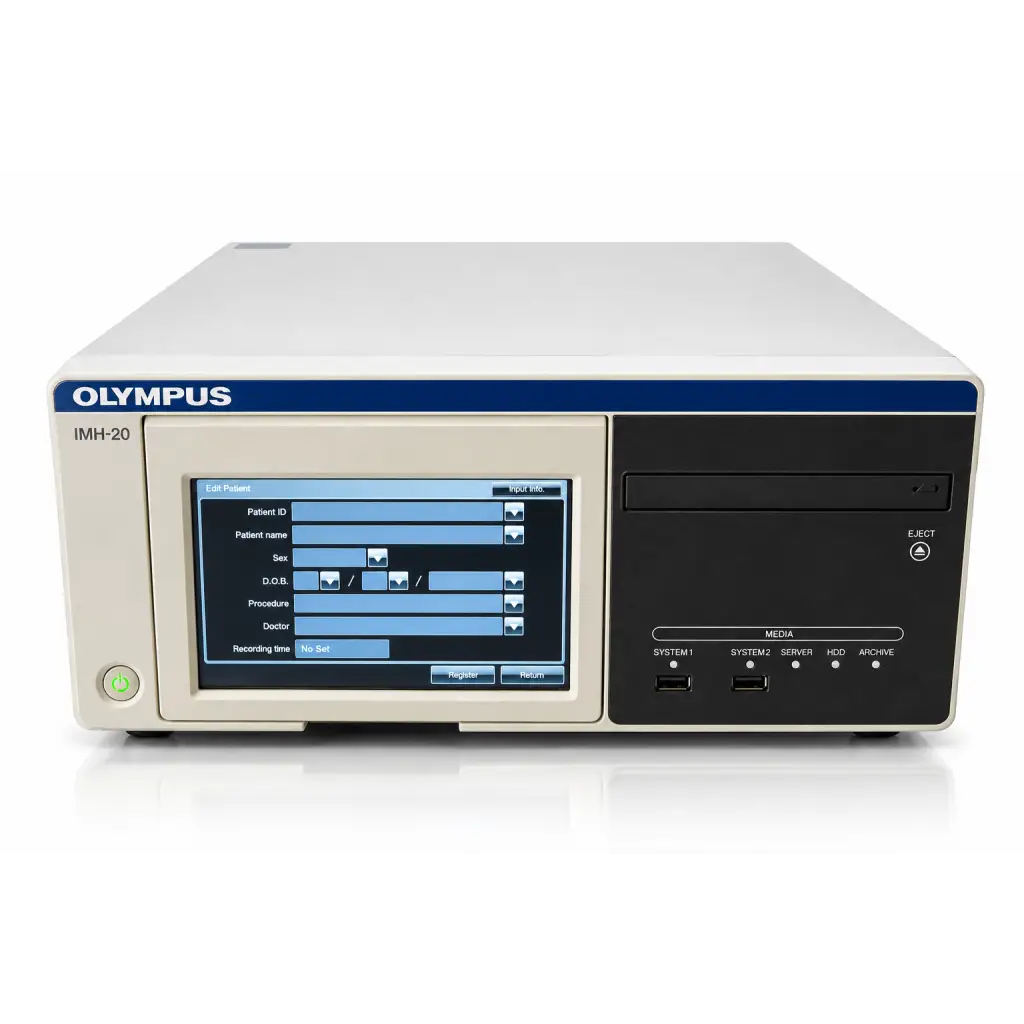 Olympus IMH-20 image management hub medical video recorder with beige and black chassis and touchscreen showing patient data entry