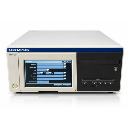 Olympus IMH-20 image management hub medical video recorder with beige and black chassis and touchscreen showing patient data entry