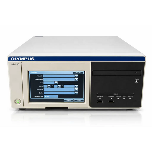 Olympus IMH-20 image management hub medical video recorder with beige and black chassis and touchscreen showing patient data entry
