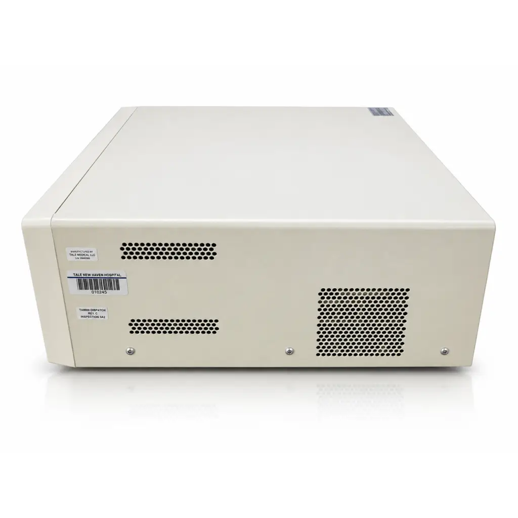 Cream-colored rectangular medical image management hub with ventilation grilles labeled tango operator unit from tma medical llc