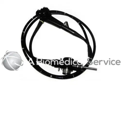 Black flexible endoscope olympus jf-100 with metallic tip and control knobs coiled for biomedical service storage