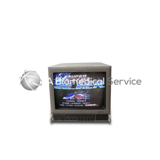Gray Olympus OEV 141 CRT monitor displaying super star soldier game screen with vibrant retro gaming visuals
