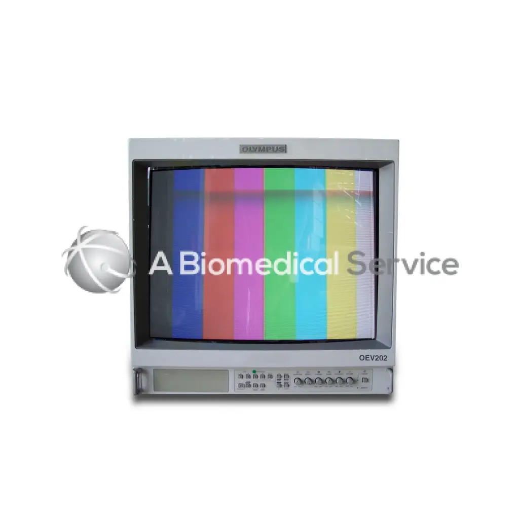 Silver-gray olympus oev-202 professional biomedical service monitor displaying color test pattern in use