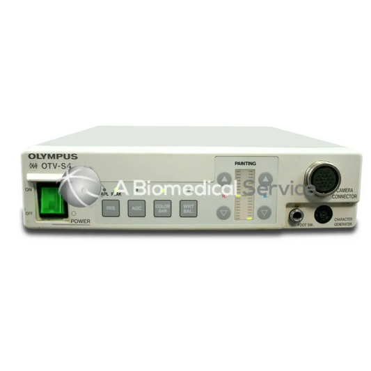 Olympus OTV-S4 camera system with white casing, green power button, and multiple control knobs for biomedical service