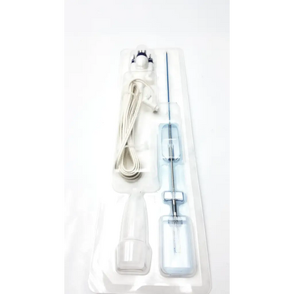 Medical-grade olympus plasmaloop long wa22637 surgical instrument set with metallic needle guide and white coiled cable in clear packaging