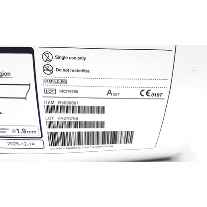 White medical device label with black text and barcode on the back of olympus single use aspiration needle na-u401sx showing warnings