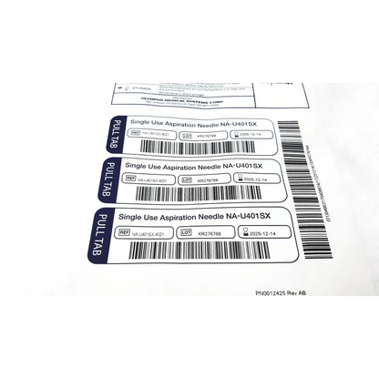 White and blue adhesive labels for olympus single use aspiration needle na-u401sx with barcode scanning info