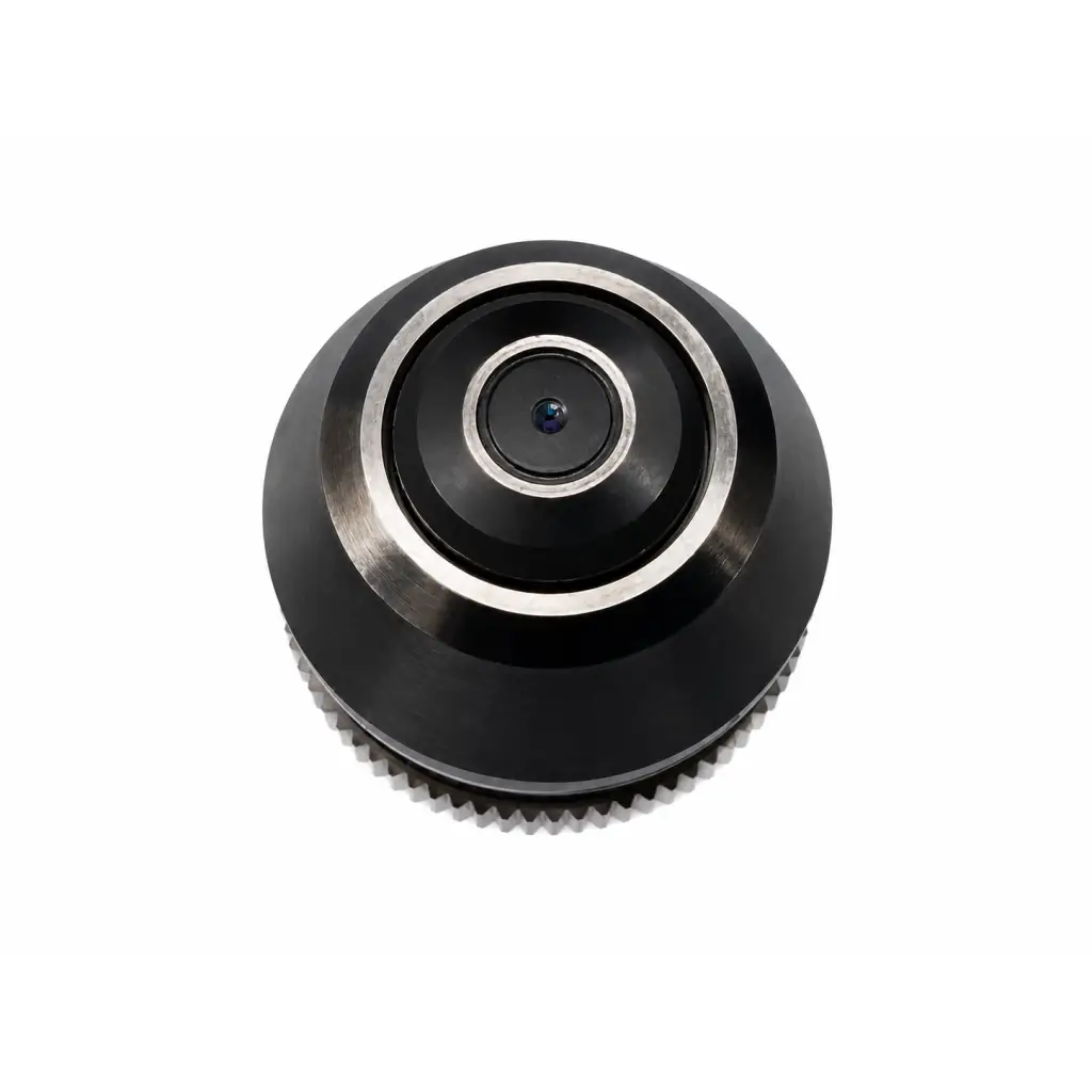 Black and silver olympus uis2 uplansapo 40x microscope objective with textured gear-like base for biomed use