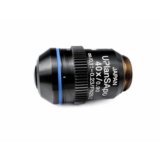 Black Olympus UIS2 uplansapo 40x microscope objective lens with blue accent ring and engraved specifications for biomed use
