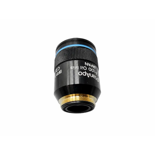 Black olympus uplanapo 100x oil iris microscope objective lens with gold threaded mount and blue accent ring marked japan