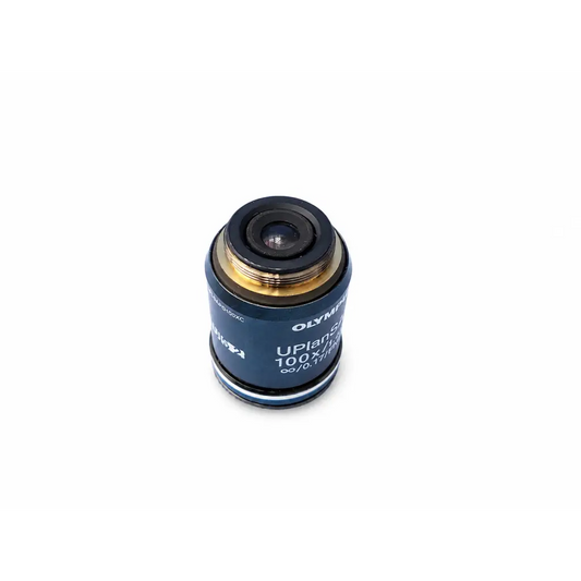 Olympus uplansapo 100x microscope objective with dark blue body and gold threaded mount for medical equipment use