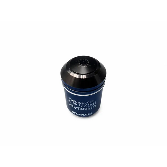 Olympus uplansapo 100x oil microscope objective with black metal top and blue barrel for medical equipment use