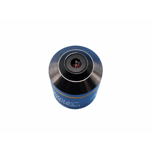Blue cylindrical Olympus UPlanSApo 10X microscope objective with black aperture and silver rim for medical equipment use
