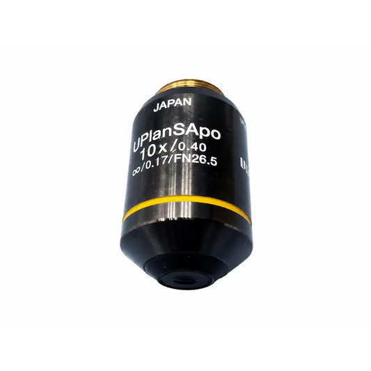 Black olympus uplansapo 10x microscope objective lens with gold threaded top and yellow band for medical equipment use