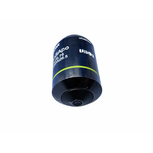 Black cylindrical olympus uplansapo microscope objective lens with lime green band and 40x magnification label