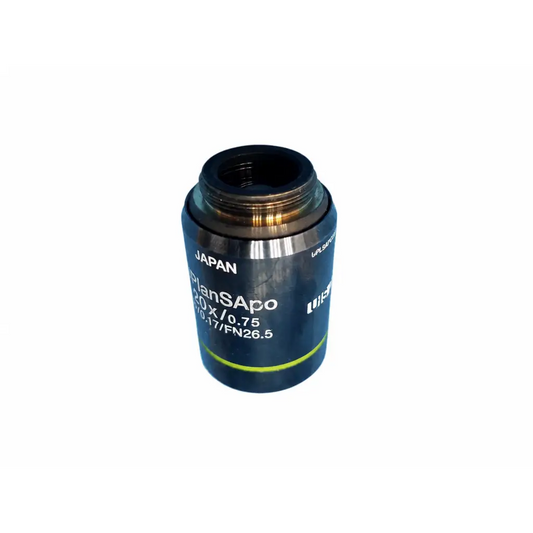 Black and silver olympus uplansapo 20x microscope objective lens with green accent ring from japan