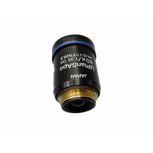 Black Olympus uplansapo 60x microscope objective with gold threaded mount and blue ring for medical equipment use