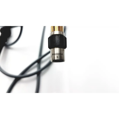 Silver and black cylindrical olympus wa03200as fiber optic connector with gold top marked wa03200a s for endoscopy use