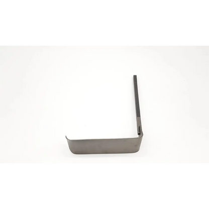 Gray metallic omni-tract 11514 kelly retractor with straight angled design and fine teeth along one edge