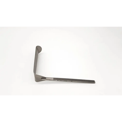 Gray metallic omni-tract 11514 kelly retractor with curved handle and serrated edge for surgical use